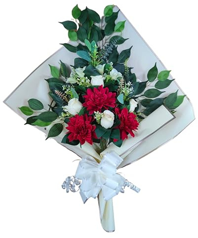 DRW Ramo de Flores para Cementerio Ramo Flores Artificiales con Jarron para Meter en el Bote del Jarron 78x63x20 cm (Blanco y Rojo dalias)