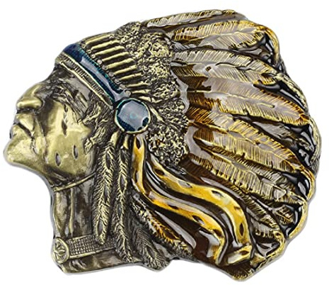 Longcreek Indianerhäuptling der amerikanischen Ureinwohner Gürtelschnalle für Männer, Indianer-Krieger-Häuptling Kopf Gürtelschnalle, Indischer Stammeshäuptling Totenkopf-Gürtelschnalle (Bronze)