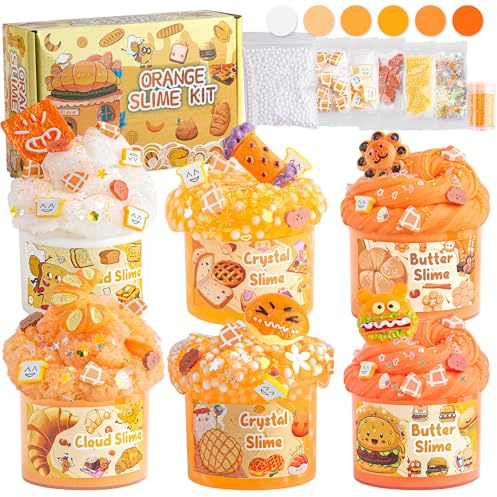 LAWOHO 6 Stück Orange Slime Set für Mädchen & Jungen, Fluffy Schleim Kinder | Wolkenschleim Clear Slime & Butter Schleim für Kinder, Schleim Set Kindergeburtstag Mitgebsel Halloween Weihnachten Geschenke