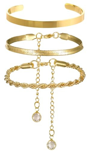 Armbänder Gold 3 Stück Armband Damen Bracelet Edelstahl Armbänder Set 14 Karat Vergoldet Eleganter Boho-Stil Stapelarmbänder Armkette Damen Golden Verstellbare Wasserdichter Schmuck Für Damen
