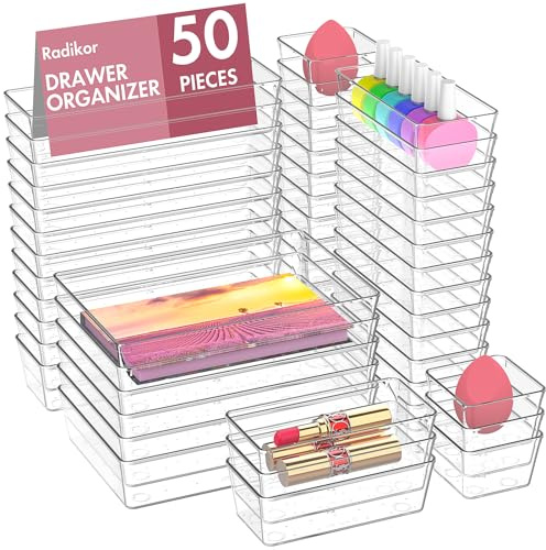 Radikor Schubladen Organizer 50-teilig, Schminktisch Organizer 4 Größen | Transparente Organizer Boxen aus robustem Kunststoff für Make-up, Kosmetik. Einfach zu reinigen und flexibel einsetzbar