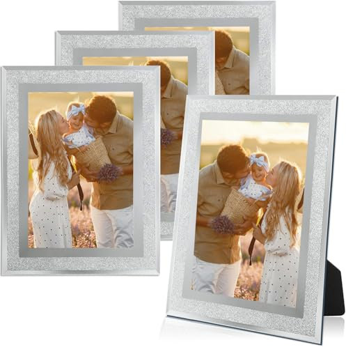 LOSYHU 4 Pack 6x4 Inches Crystal Glitter Photo Frames Sparkly Silver Picture Frame Silver Glass Photo Frame for Tabletop Display, Home and Office Decoration