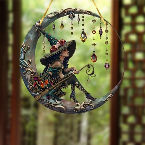 GUOYOU Beautiful Witch Personalized Window Hanging Suncatcher Ornament, Witch Moon Sun Catcher Halloween Ornaments, Car Ornament, With Hanging Rope, for Windows Or Doors (20cm)