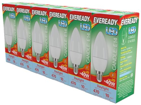 EVEREADY LED E14 Candle Bulb 4.9W Replaces 40W Daylight (6500k) 470 Lumens Non-Dimmable Light Bulb. 6 Pack. (Daylight)