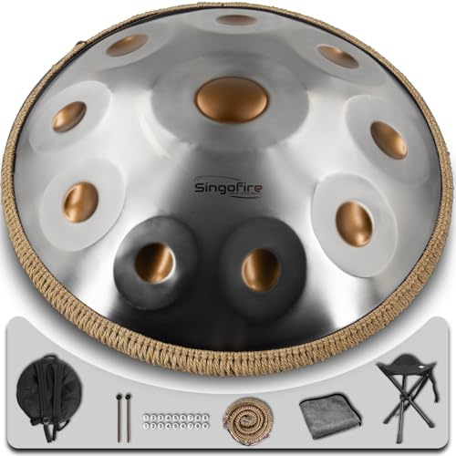 SINGOFIRE Handpan-Trommel, Handpan-Trommel für Erwachsene, 55,9 cm, 432 Hz, D-Moll, Kurd-Handpan-Instrument (Gold Eye-10Notes(432HZ), 55,9 cm)