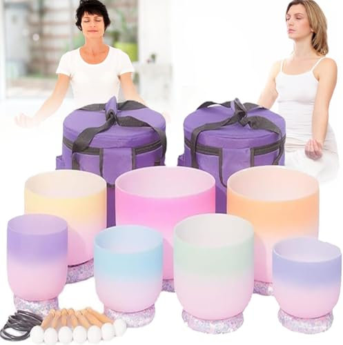 YANGYMM 432 Hz Set mit 7 Klangschalen Aus Quarzkristall In Farbverlaufsfarbe, 6-12 Zoll, Mit Tragetasche Und Tragetasche, Klangheilung Und Yoga-Meditation
