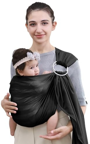 CUBY Sommer Einstellbar Schultertrage für Babys mit Rostfreier Doppel Ring, Baby Tragetuch mit Atmungsaktiv Masche, Babytragetuch Ring Sling Perfekt für Neugeborene und Kinder Unter (Streifen schwarz)