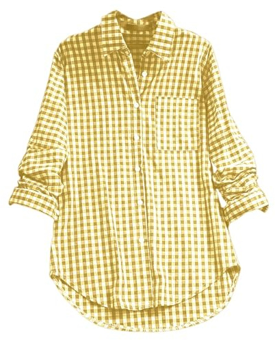 Women's Checked Blouse, Gingham Shirts for Women UK Plaid Shirt Long-Sleeved Blouse Button Up Shirts Ladies Linen Tops Loose Fit with Pocket Yellow XXL
