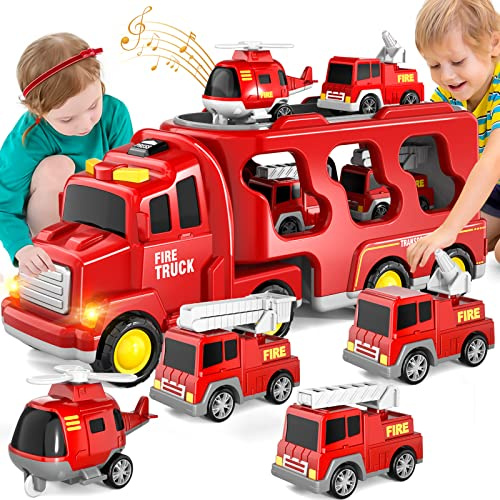 BLmukce Jouet Camion de Pompiers 5 en 1 pour Enfants, Transporteur à Friction avec 4 véhicules de Pompiers, Jouet de 1 2 3 Ans pour garçons et Filles avec lumières et Sons pour Enfants de 4