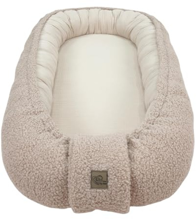 WIKLINOPOL Babynest, nid pour nouveau-né – Baby Nest 80x46 cm en Beige, nid portable en mousseline & peluche Teddy douce – nid bébé pour nouveau-né avec matelas amovible