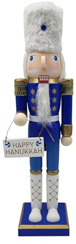 Yulokdwi Nötknäppare i trä, nötknäpparen Hanukkah-dekor, vitt och blått festligt bordsuppsats för bänkbordsskiva hylla öppen spis