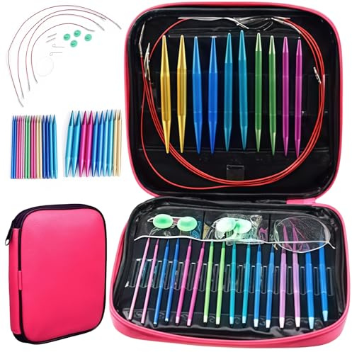 Behogan Utbytbara runda sticknålar set, 2,75–10 mm sticknålar set utbytbar, sticknålar rund sticknål med förvaringsväska, aluminium utbytbara runda sticknålar, för gör-det-själv