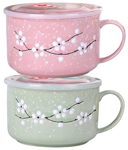 Joygoodta 2 cuencos de sopa con asas, taza de sopa de microondas resistente al calor con sellado de 800 ml/28 oz con tapa, taza de viaje de cerámica floral invernal para ramen, fideos y gachas