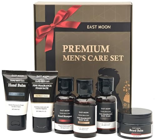 Coffret Cadeau pour Homme, Soins Visage pour Homme, Coffret Kit Soin Barbe Hommes, avec 2 gels douche, gel douche moussant, crème mains, shampoing barbe, baume barbe, Cadeau Noel Homme, Cadeau Papa