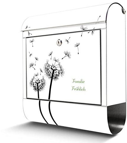 banjado® Briefkasten Edelstahl personalisiert mit Motiv WT Pusteblume 2 38x43x12cm & 2 Schlüssel - rostfreier Edelstahl Briefkasten mit Zeitungsfach - Postkasten A4 Einwurf inkl. Montagematerial