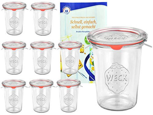 9er Set Original WECK 3/4-Liter Sturzglas, 850 ml, Rundrandglas RR100 + Glasdeckel + Dichtring + Weck-Klammern + GRATIS Rezeptheft, Einmachglas, Einkoch-Set, Einlegen, Einwecken + Konservieren, Glas