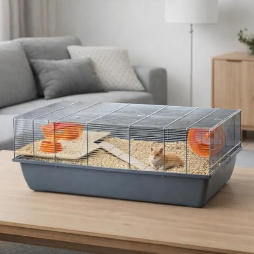 Ollesch, gabbia per topi, criceti e roditori da 78 x 47 x 30 cm, con accessori, di colore grigio
