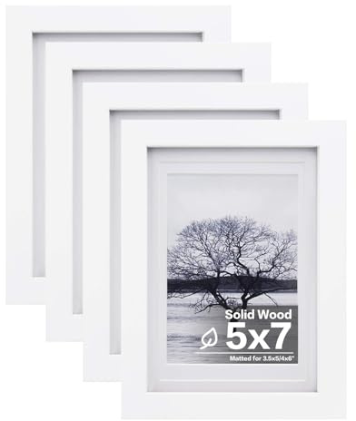 Egofine 5x7 Picture Frames Set of 4, Made of Solid Wood Covered by Plexiglass 3.5x5 and 4x6 with Mat or 5x7 without Mat, for Table Top Display and Wall Mounting Photo Frame White