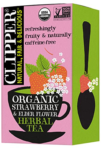 Clipper Tea, Strawberry and Elderflower, Organic, Plant-Based, Caffeine-Free, Great Over Ice, 1 Pack, 20 Unbleached Tea Bags