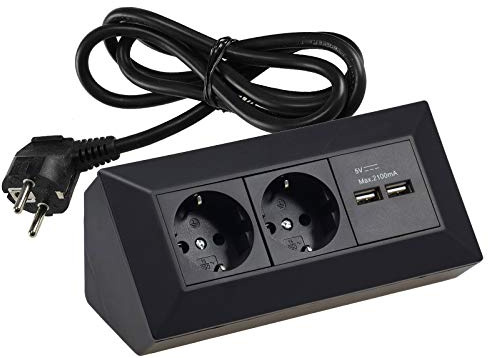 ChiliTec Ecksteckdose Küchensteckdose mit USB Doppelsteckdose 2X Steckdosen 2X USB I 90° Winkel I 230V Aufbau & Eck-Montage für Arbeitsplatte Küche I Schwarz