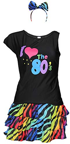 80er Jahre Damen Kostüm - buntes Tutu Haarreif und schwarzes neon Shirt - Größe S-XXL - Ballet Fasching Karneval Tüll Rock kurz, Größe:XXL