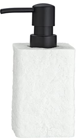 WENKO Seifenspender Villata, nachfüllbarer Seifendosierer für Flüssigseife und Lotion in Naturstein-Optik aus hochwertigem Polyresin, 7 x 15 x 7 cm, Füllmenge 300 ml in Weiß