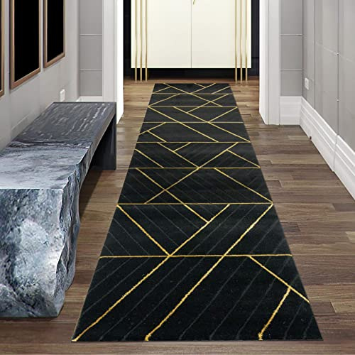Teppich-Traum Kurzflor Teppich Geometrisch Schwarz Gold 80x300 cm | Pflegeleicht, schmutzabweisend, strapazierfähig, allergikerfreundlich, maschinengewebt, OEKO-TEX geprüft, 12 mm Flor