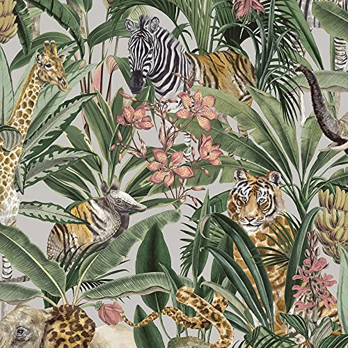 Safari Floral Animal Fusion Wallpaper - Grey/Silver Metallic/Green/Multi Holden 13014 - Giraffes, Elephants, Tigers