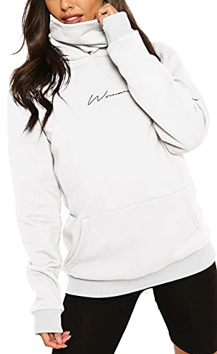 TrendiMax Dam Huvtröja med Hög Hals Tröjor Enfärgad Höst Vinter Sporttröja Hoodie Pullover Hoodie Avslappnade Vit L