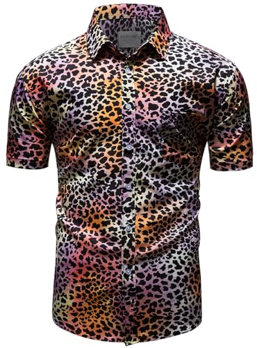 fohemr Hommes Léopard Chemise à Manches Courtes Button Down Tigre Motif Animal Chemise d'été décontractée