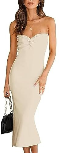 Sdencin Abito da Donna Sexy con Nodo attorcigliato Anteriore a Costine Aderente a Fascia Tubino Casual Solido Senza Spalline Maxi Abito Lungo, Albicocca, M
