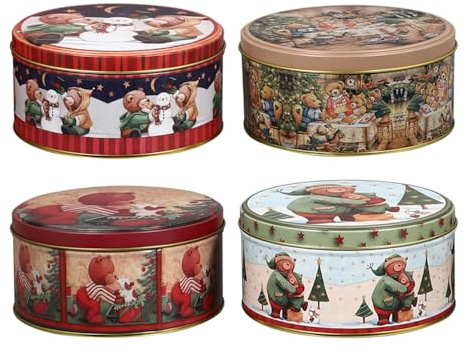 Angoily Caja Galletas Metalica Redonda, 4 Piezas Vajilla Navidad, Bote Galletas Navideña Para Pastel Pastelería, Bombonera Navideña, Tarro Tin Con Tapa Decoracion Navidad Mesa Cajas Para Retro