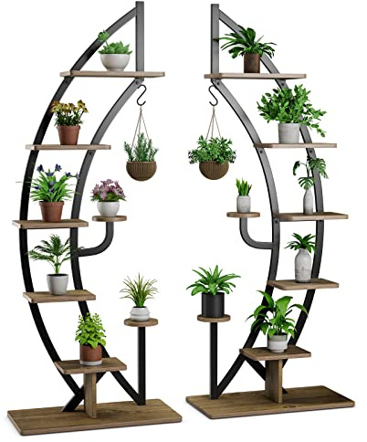 GOPLUS 6-stöckiger Blumenständer Metall, halbmondförmiger Pflanzenständer mit Ablagen & Haken, Pflanzenregal Blumenregal Blumentreppe Pflanzentreppe für Wohnzimmer, Schlafzimmer, Balkon (Braun, 2)