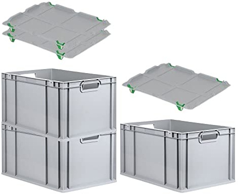 PROREGAL SuperSparSet 3x Eurobox NextGen Economy mit Auflagedeckel und 4x Schiebeschnappverschlüsse Grün, Griffe offen, HxBxT 32x40x60cm, 65L, Eurobehälter, Transportbox, Transportbehälter