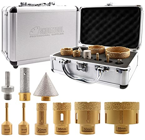 SHDIATOOL Diamantbohrer Set M14 Gewinde, 9 Stück - 6-68mm Diamantfinger Bits & 50mm Diamant-Fasenbohrer, Vakuumgelötet für Porzellan, Fliesen, Keramik, Granit & Marmor