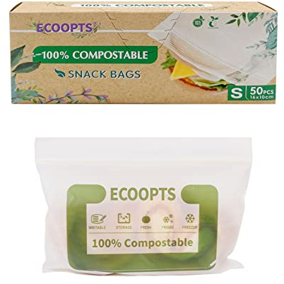 100% Compostable Snack Zip Bag | ECO-Friendly Small Storage Bags | Freezer Bag | Plant-Based BPA-free | Seal well for Cookie, Chips and Snack (50Bags)