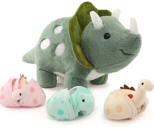 MorisMos 45cm Dino Kuscheltier XXL, riesen Triceratops Kuscheltiere mit 3 Baby im Bauch, Weich gefülltes Dinosaurier Stofftier Spielzeug Kissen Puppe Geburtstag Geschenke für Kinder