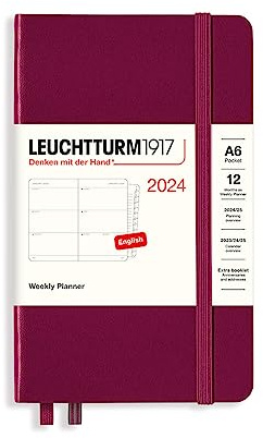LEUCHTTURM1917 367630 Wochenkalender Pocket (A6) 2024, 12 Monate, Port Red, Englisch