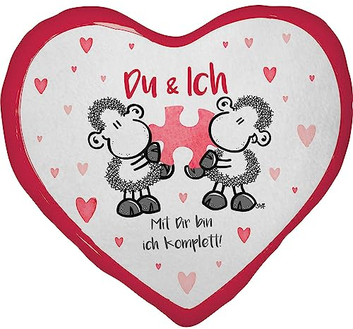 Sheepworld Plüschkissen Motiv Du & Ich| Plüschkissen in Herzform, 30 cm x 25 cm, Mehrfarbig, 100% Polyester | Geschenk, Liebe, Valentinstag | 48184