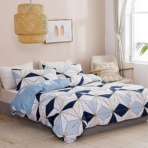 Wotcsil Housse de Couette 220x240 Bleu Blanc Parure de Lit 1400x200 Adulte Réversible Microfibre avec 2 Taies d'oreiller 65x65cm Géométrique Linge de Lit Imprimé pour 2 Personnes