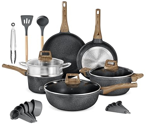 Bakken-Swiss 14-Piece Kitchen Cookware Set – Granite Non-Stick – Eco-Friendly – for All Stoves & Oven-Safe - Marble coatin