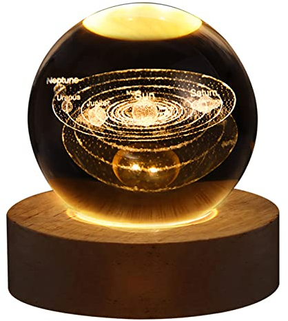 Pomurom Luz Nocturna Bola de, 6cm Lámpara de Bola de Sistema Solar con Base de Luz LED de Madera, Luces LED de Ambiente para Dormitorio Decoración del Hogar, Regalo para Niños Adultos