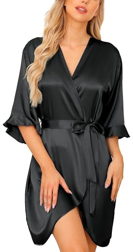 Wikoan Women's Satin Robe Summer Silk Dressing Gowns Soft Wedding Party Bathrobe 3/4 Sleeve Sleepwear with V-Neck,Black,L