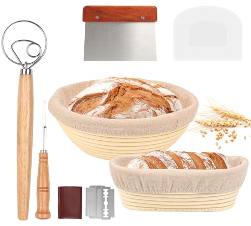 Cesta de Fermentación de Pan Ovalada, Accesorios para Hornear Pan, Cesta de Prueba, Cuenco de Ratán Natural para Pan y Masa - Rascador de Metal + Plástico + Batidor