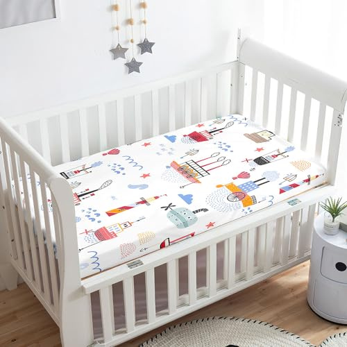 Odot Spannbettlaken für Kinderbett, Karikatur Auto Drucken Kinderwagen Matratzenbezug, Weiche Babybett Spannbetttuch Stubenwagen Bezug, Beistellbett Spannbettlaken (80x160 cm,Boot)
