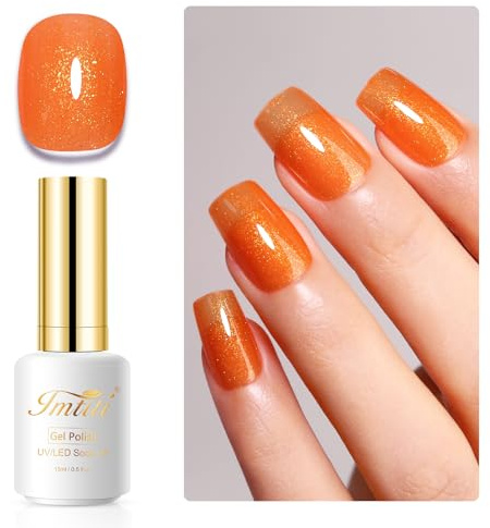 Imtiti Glitzer UV Nagellack, 15ML Orange Glitter Gel Nail Polish Soak Off Led UV Diamant Schimmer Glitzer UV Gel Nagellack DIY Nail Starter Maniküre Gel Nagellack Kit