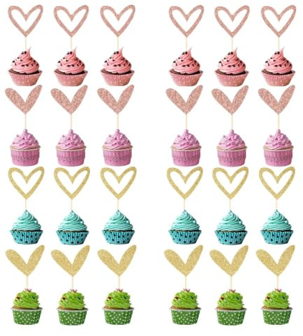 Jxuzh 24 Stk Glitter Herz Cupcake Topper - Muffin Dekoration am Stiel - Herzförmiger Kuchenaufsatz für Kuchen Dekorieren