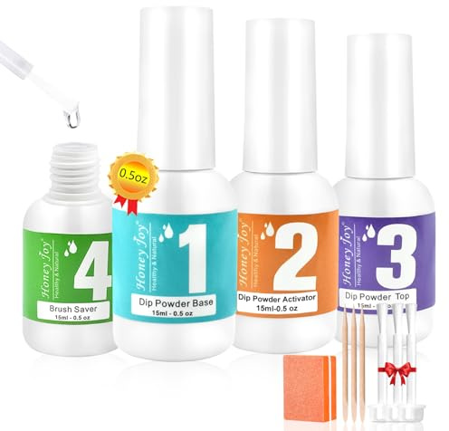 Honey Joy Dip Powder Liquid Set - 4pcs Nail Dip Liquid Set with Activator, Base Coat, Top Coat, and Brush Saver 15ml/0.5Fl.oz for Home DIY Salon Art