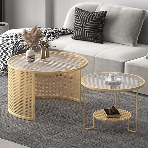 EKDJSN Satztisch-Set, Couchtische mit Einzigartigen Halbrunden Tischbeinen, Eisengeflochtenes Rattan+Glas, Couchtisch Set Ohne Montage, Schwarz/Gold/Weiß(Gold,31in+24in)