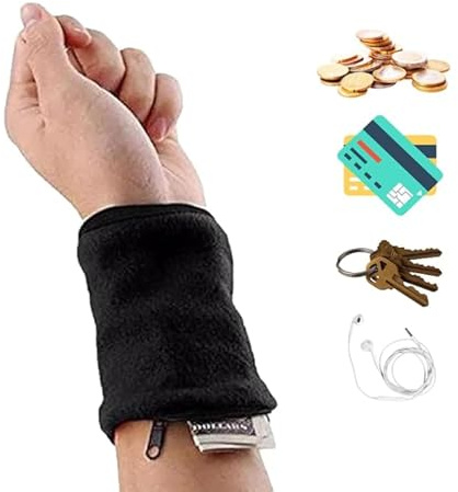 Sportbekleidungs-Handgelenktasche,Handgelenktasche mit Reißverschluss und Taschen, Knöchel-Geldbörse, Schweißbänder, Armband mit Reißverschluss-Aufbewahrungsband für Reisen (Schwarz)